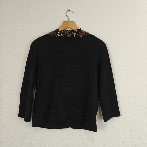 Michael Simon Black Sweater Cartigan Brown beaded V-neck 3/4 Sleeve Silk Blend S - Picture 10 of 12